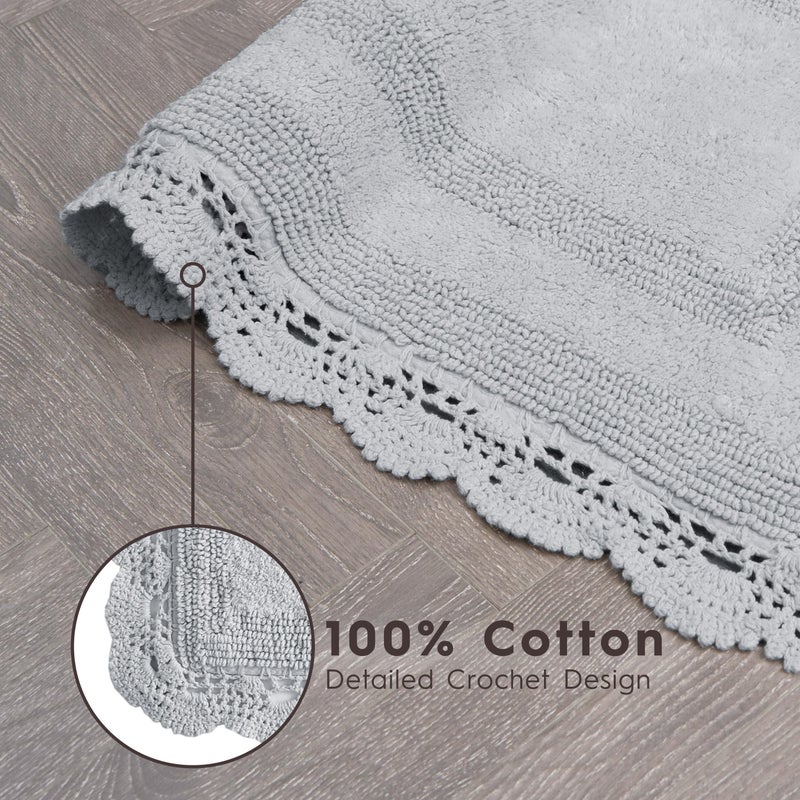 Laura Ashley Absorbent Bath Mat Reversible Crochet Soft and Plush Bathroom Mat 100% Cotton 2-Piece Bath Rug Set, Light Grey - Image 3